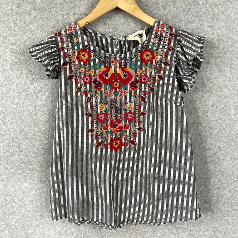 Savanna Jane Embroidered Blouse Size S Gray Stripe Floral Flutter Sleeve Boho